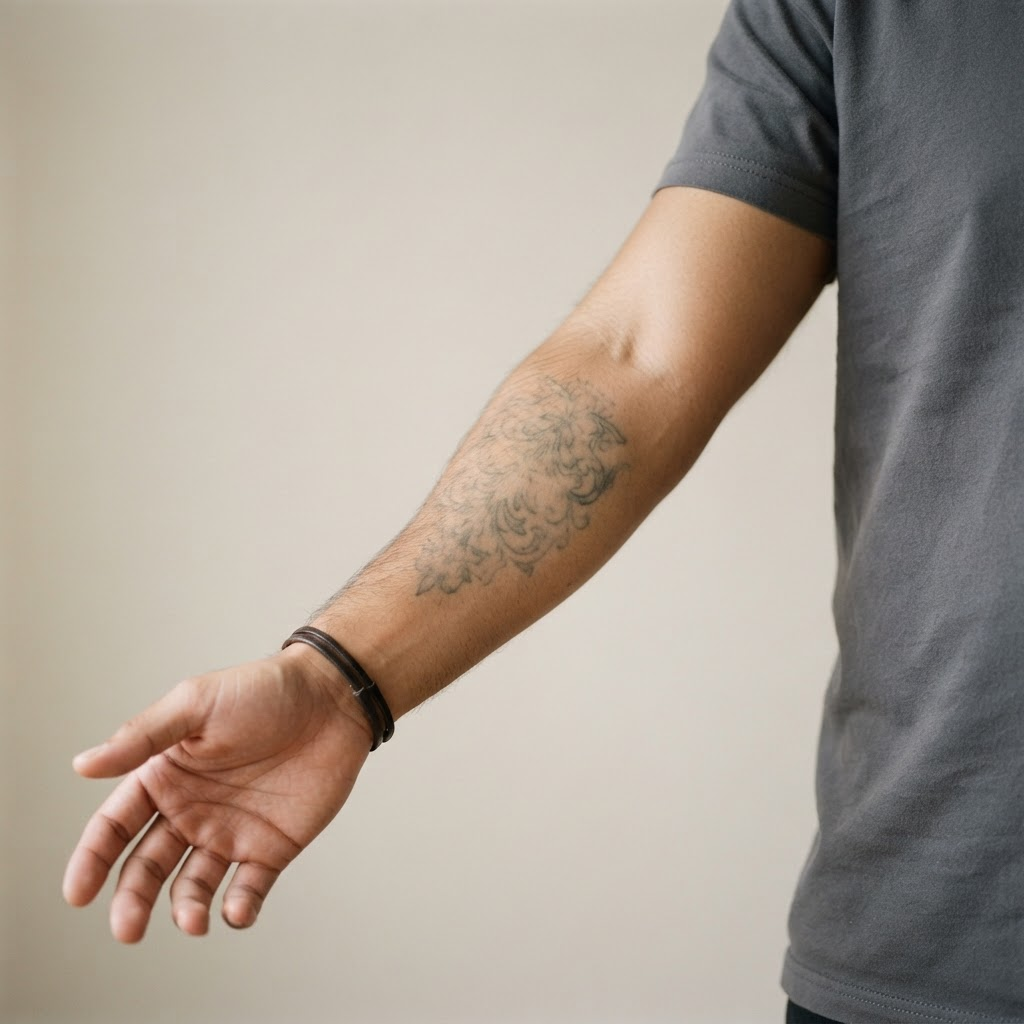 After laser tattoo removal: significantly faded tattoo on the forearm